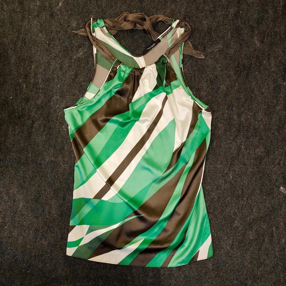 Tahari Geometric Abstract Halter Neck Satin Top Green Brown White Medium